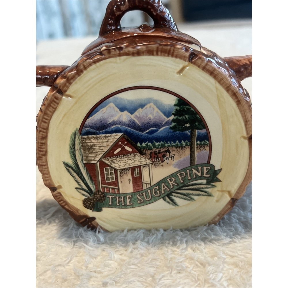 Fitz & Floyd 1993 The Sugar Pine Ceramic Log Cabin Sugar Bowl | Rustic Lodge - Picture 2 of 16